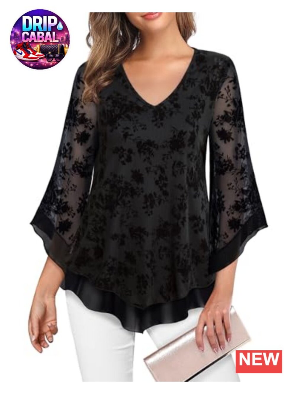 Women's Dressy Mesh Tunic Top Ruffle 3/4 Sleeve V-Neck Flowy Blouse